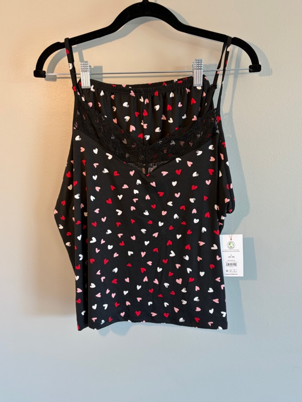 Black Heart-Print Lace-Trim Cami Pajama Set